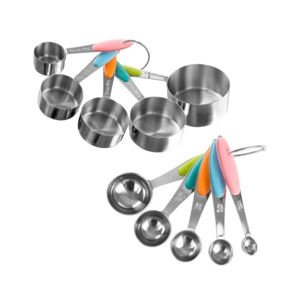 Hastings Home 10-piece Measuring Cups and Spoons Set, Stainless Steel, Colored Silicone Handles and Metal Ring 321283DNJ - main